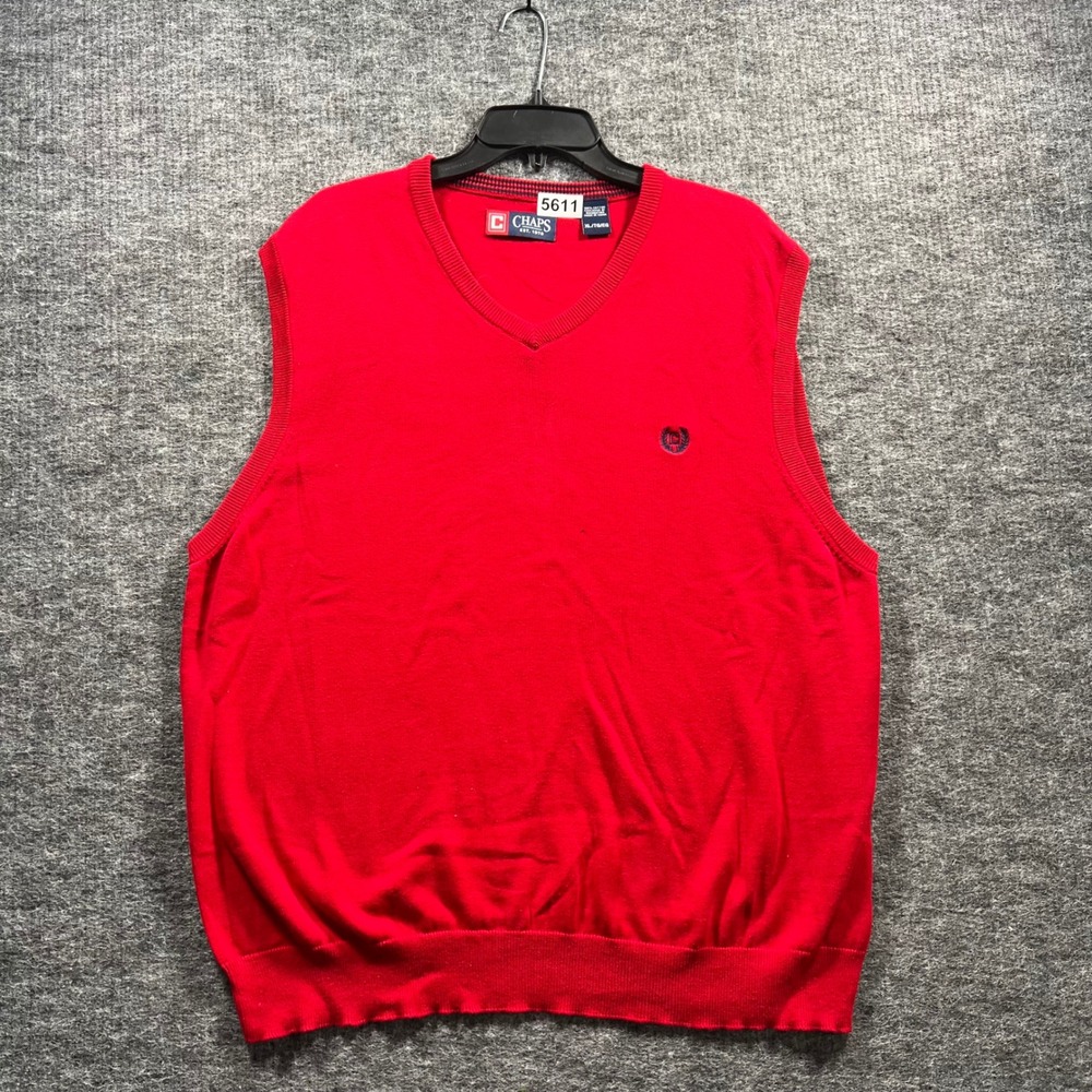 Chaps Mens XL Red V-Neck Sweater Vest 100% Cotton Knit Preppy Logo